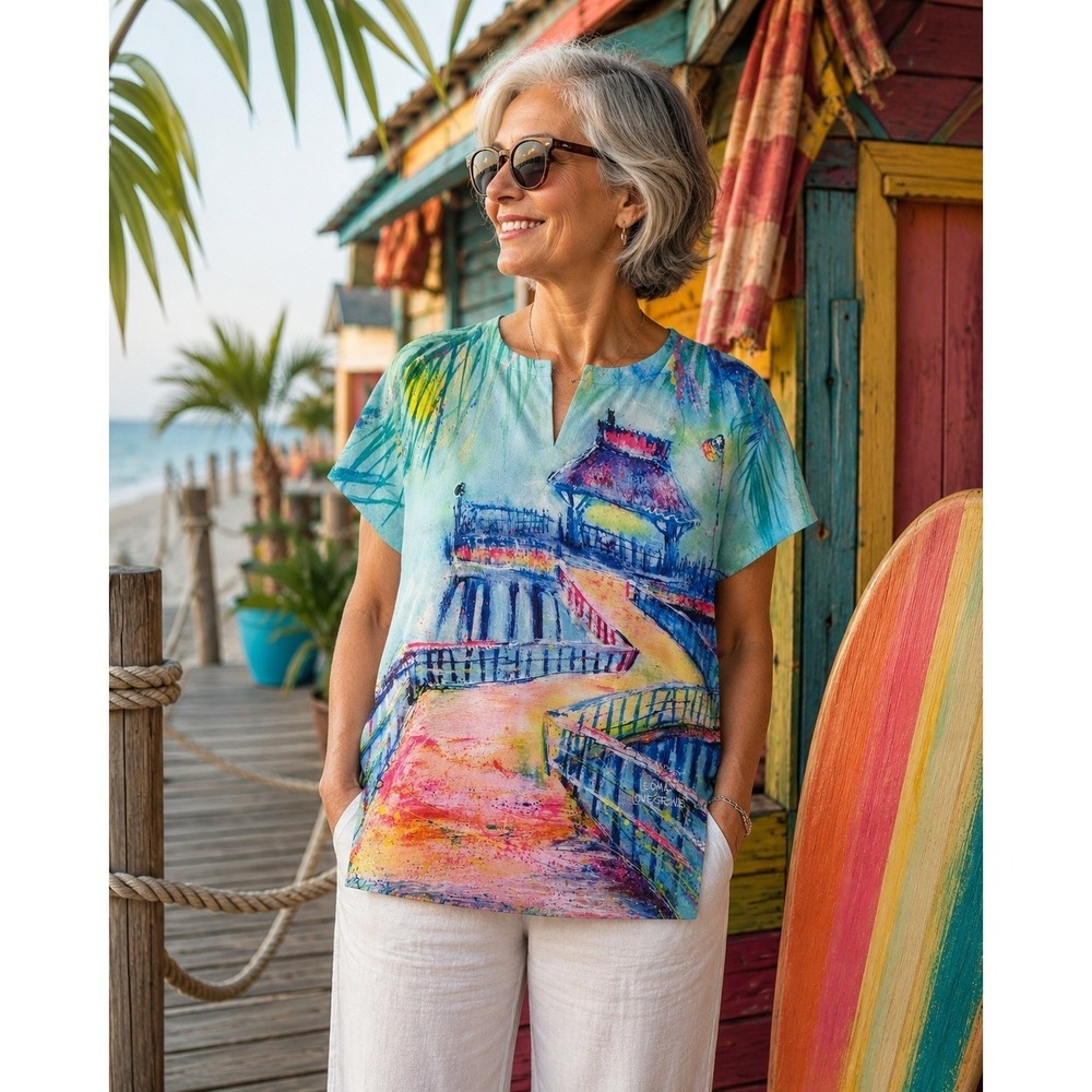 Leoma Lovegrove Top Womens Large Blue Pier Gazebo Art Print Tropical Tee